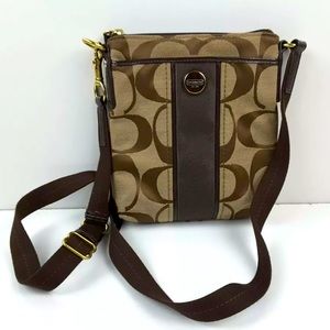 Coach Signature Stripe Swingpack Crossbody Khaki Brown Stripe Handbag Purse Bag